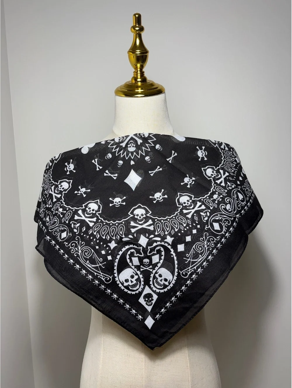 Black and White Skull and Crossbones Cotton Bandana with Card Suit Symbols